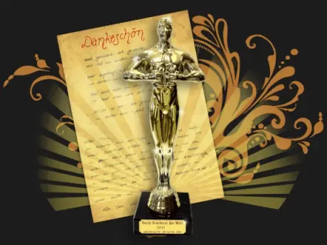Eine Oscar-ähnliche Trophäe mit der Aufschrift "Beste Druckerei der Welt 2011" steht vor einem Dankschreiben auf schwarzem Hintergrund.
