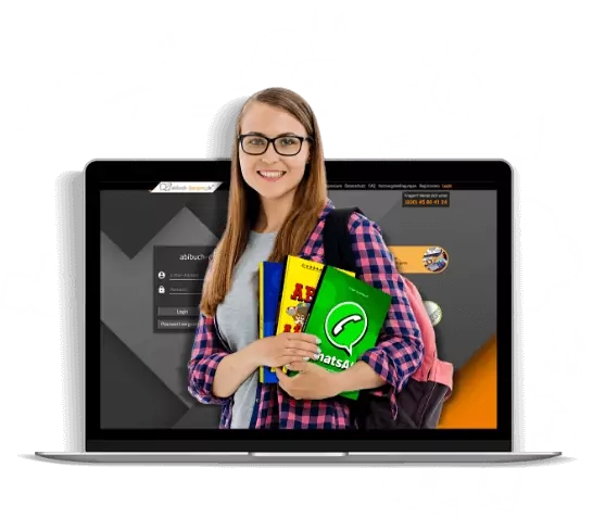 Mit unserem abibuch-designer easy zum fertigen Abibuch Schülerin vor Laptop mit Abibüchern